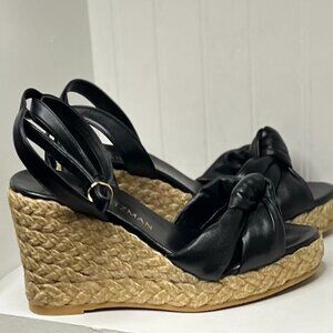 Stuart Weitzman Black Leather Ankle Strap Platform Espadrille Wedge Sandals 10